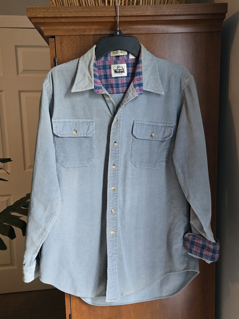 Woolrich Pale Blue Corduroy Shirt with Plaid Trim